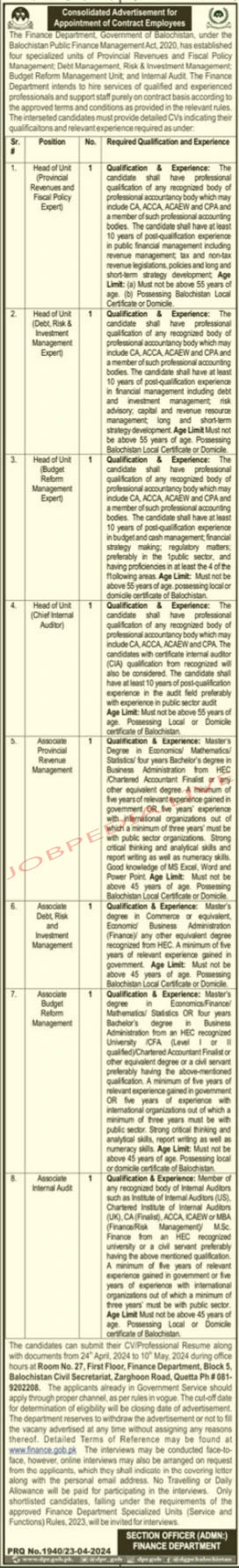 Finance Department Balochistan Manufacturing Jobs in April 2024