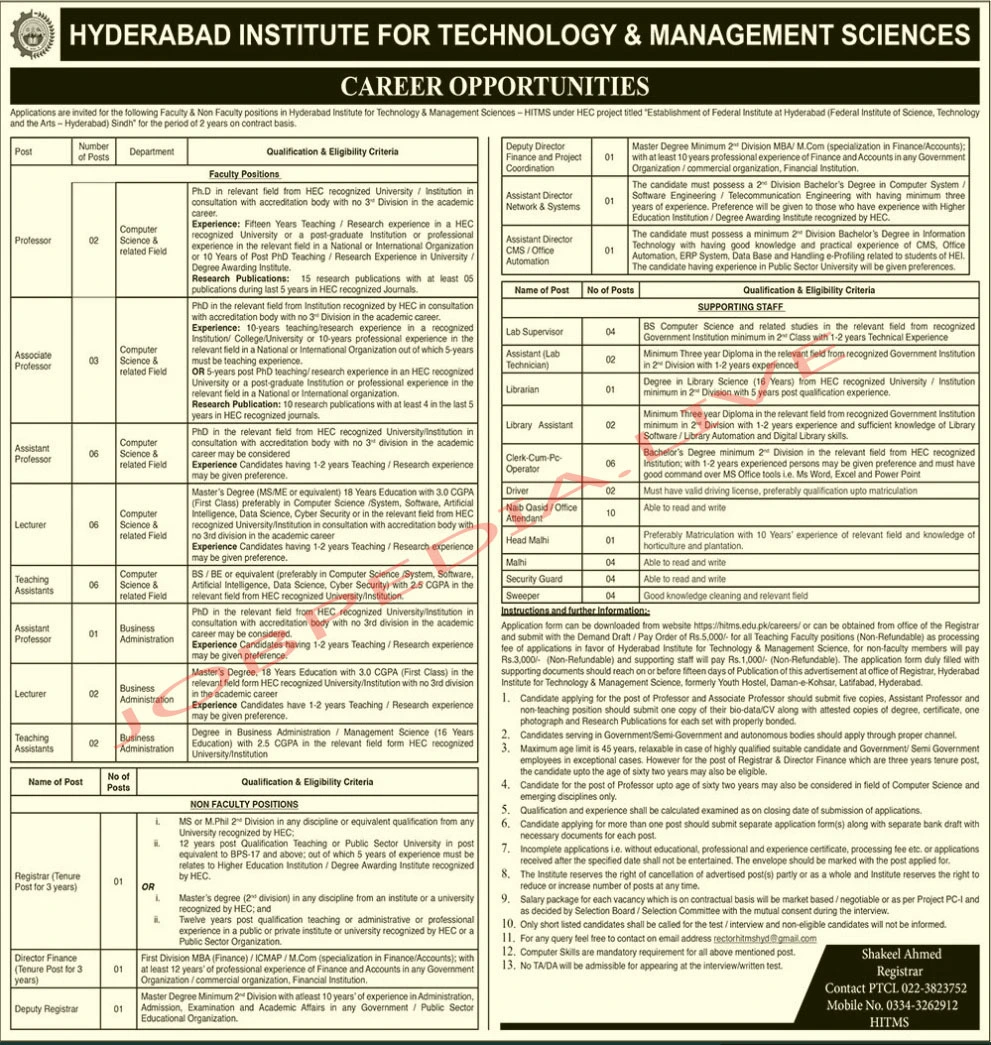 Hyderabad Institute for Technology & Management Sciences HITMS Education Jobs April 2024