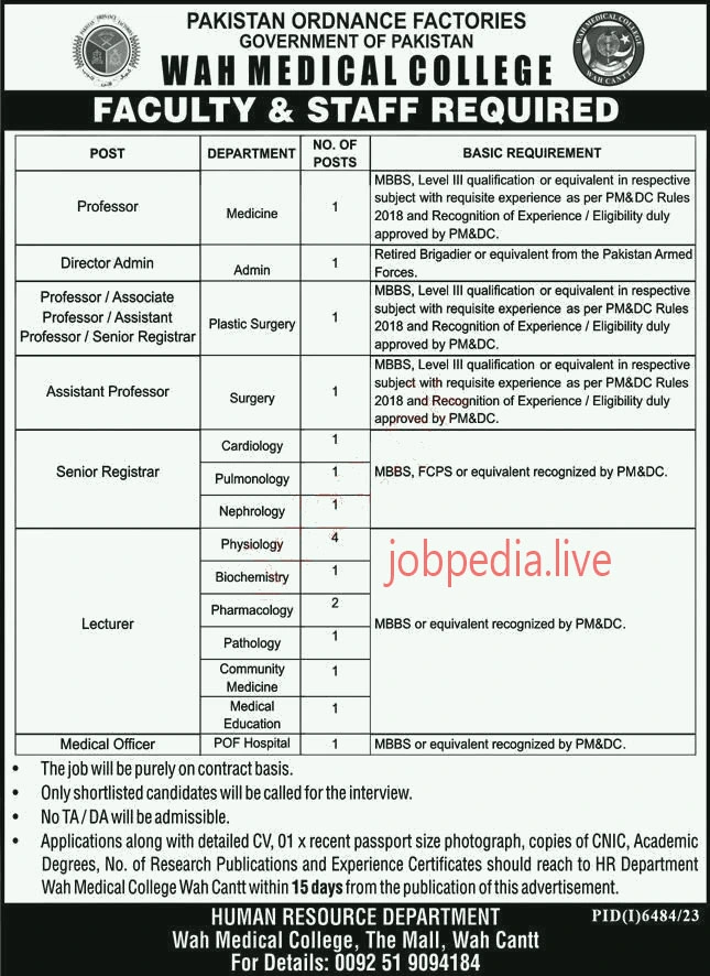 Pakistan Ordnance Factories POF Jobs Available in May 2024