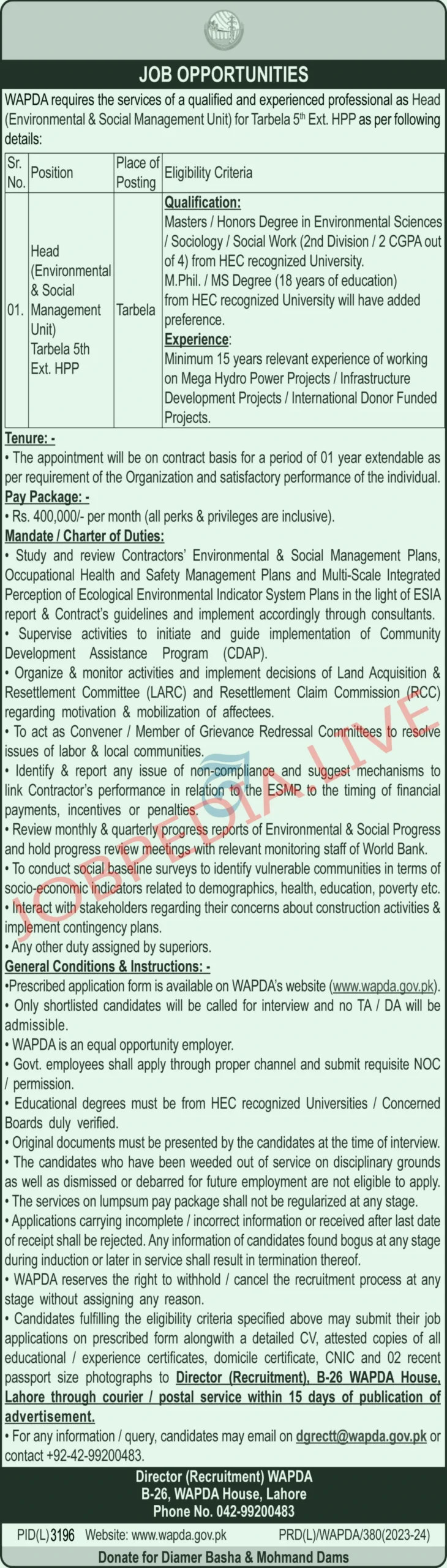 Water and Power Development Authority WAPDA Management Jobs in April 2024