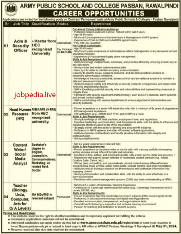 Army Public School & College APS&C Teaching Jobs Available in May 2024