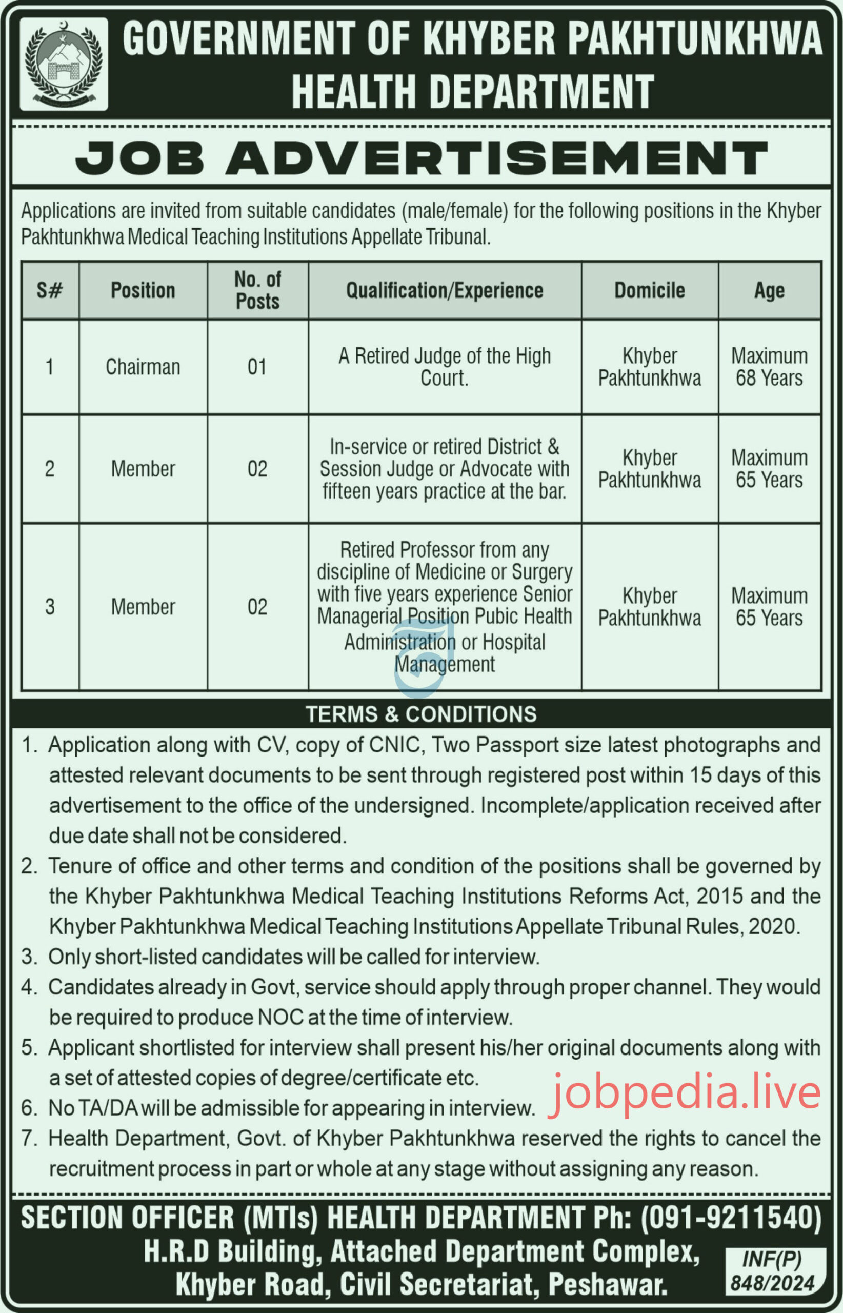 Health Department Jobs Available in Peshawar May 2024