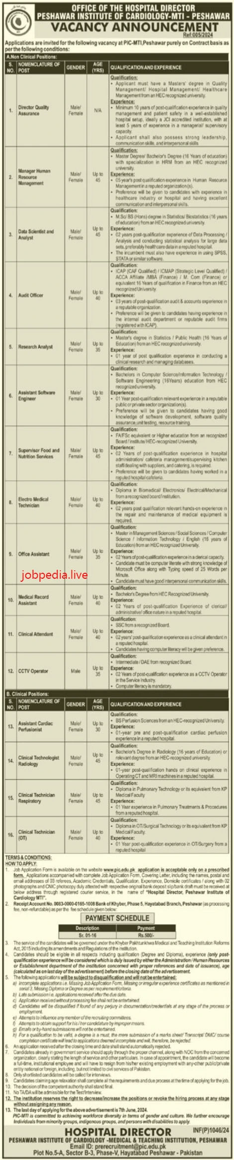 Peshawar Institute of Cardiology PIC Jobs Available in May 2024