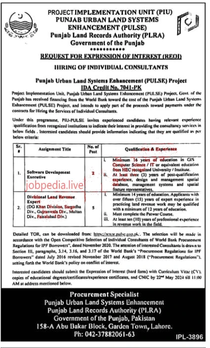 Punjab Land Record Authority PLRA Jobs Available in Lahore May 2024