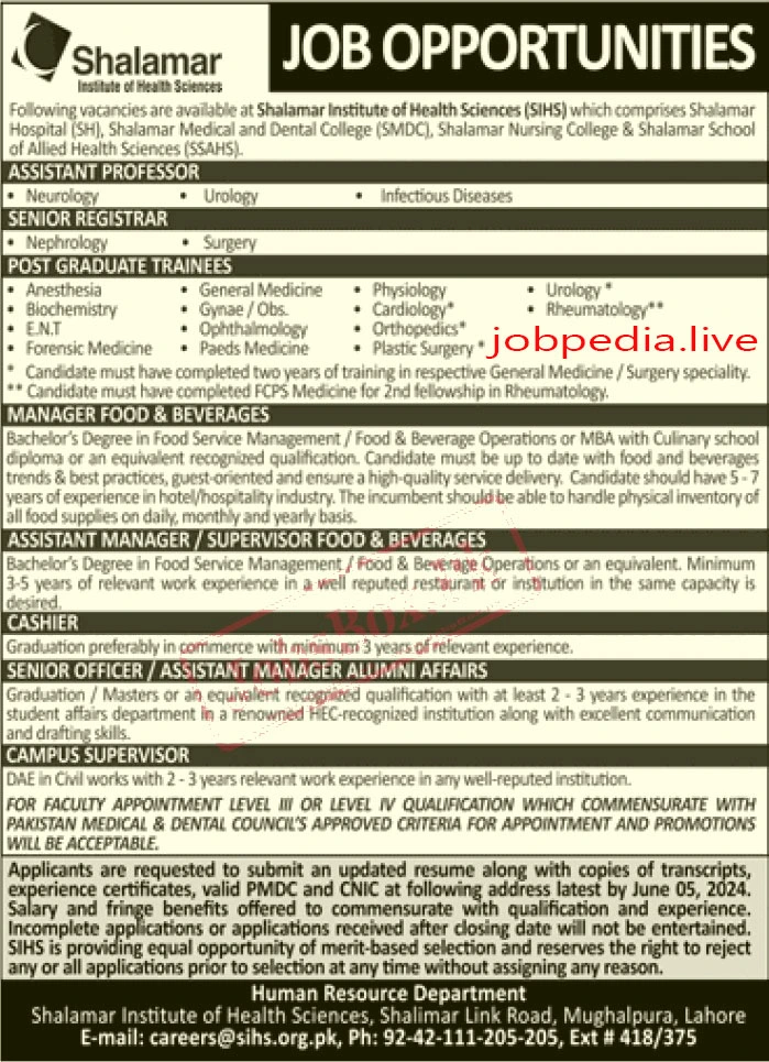 Shalamar Institute Of Health Sciences SIHS Jobs Available in May 2024