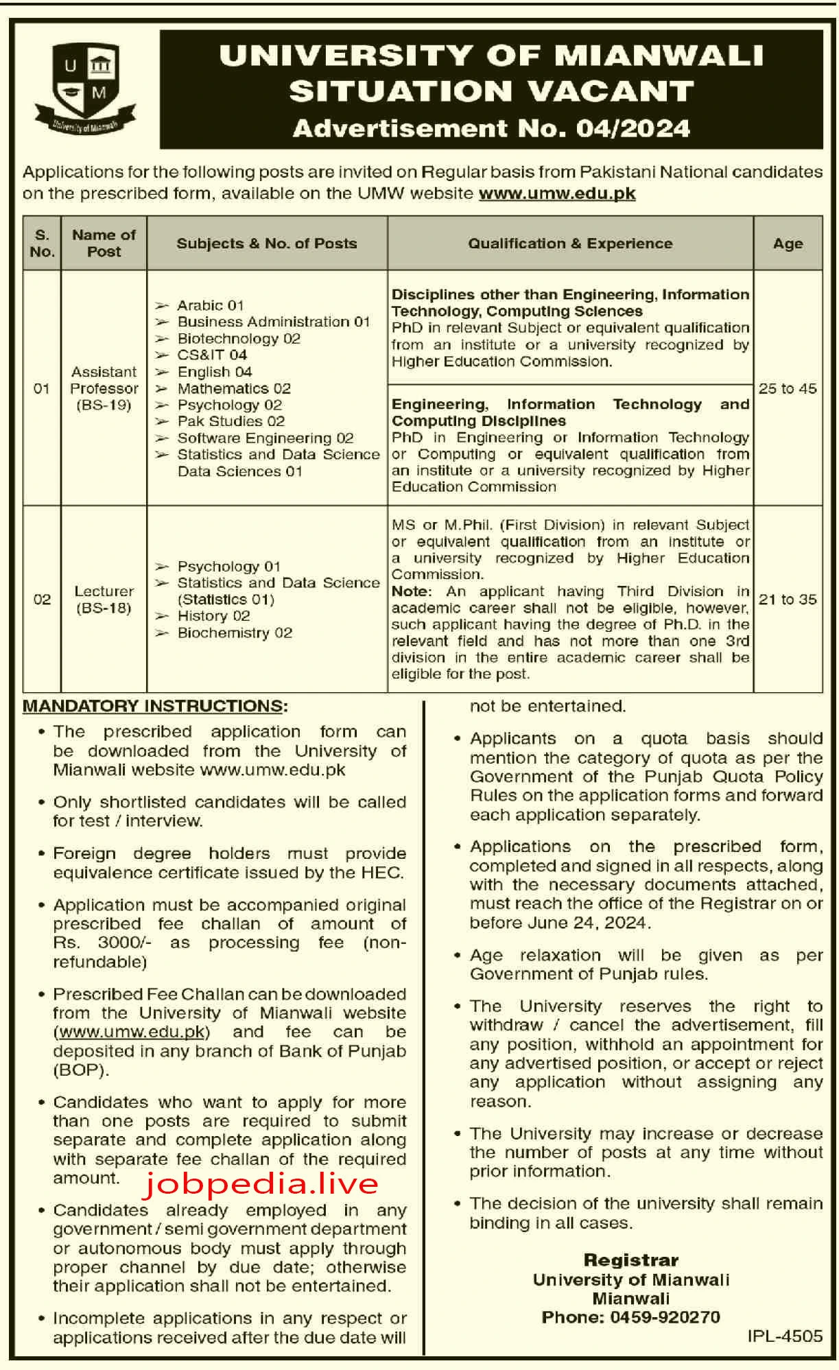 University of Mianwali Jobs Available in May 2024