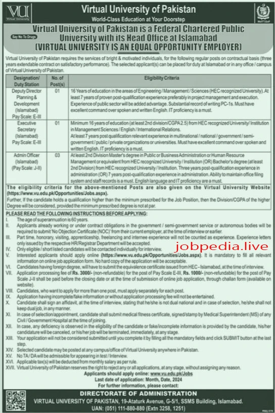 Virtual University of Pakistan Jobs Available in June 2024