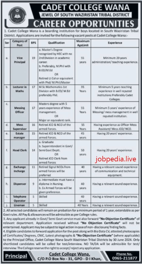 Cadet College Wana Jobs Available in June 2024