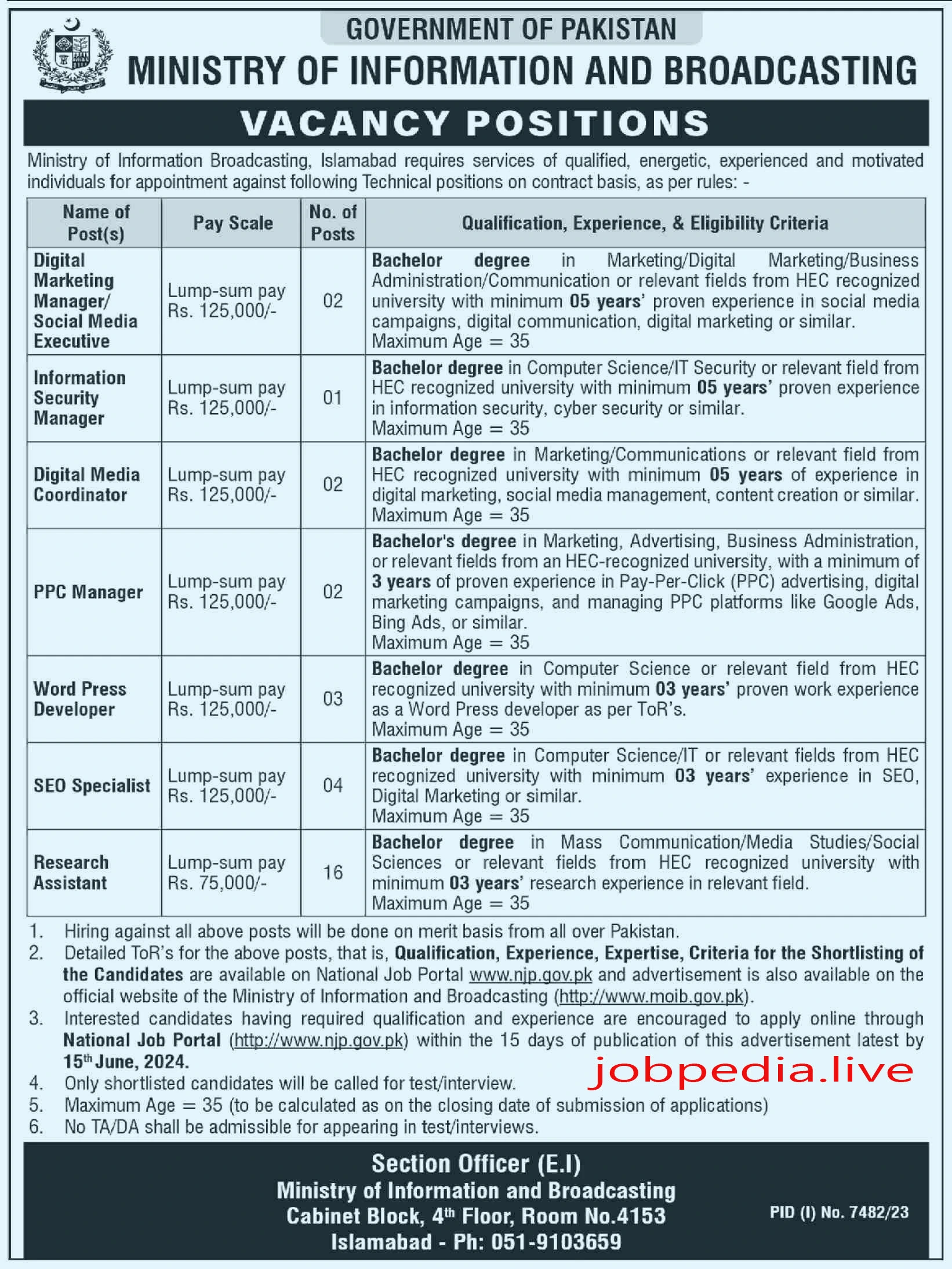 Ministry of Information and Broadcasting Jobs Available in June 2024